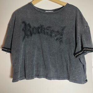 Zara Washed Black Cropped Graphic Tee with Chain Trim